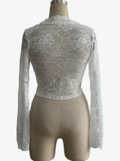 Crop top transparent en dentelle florale festonnée à col en V profond pour femme 2026