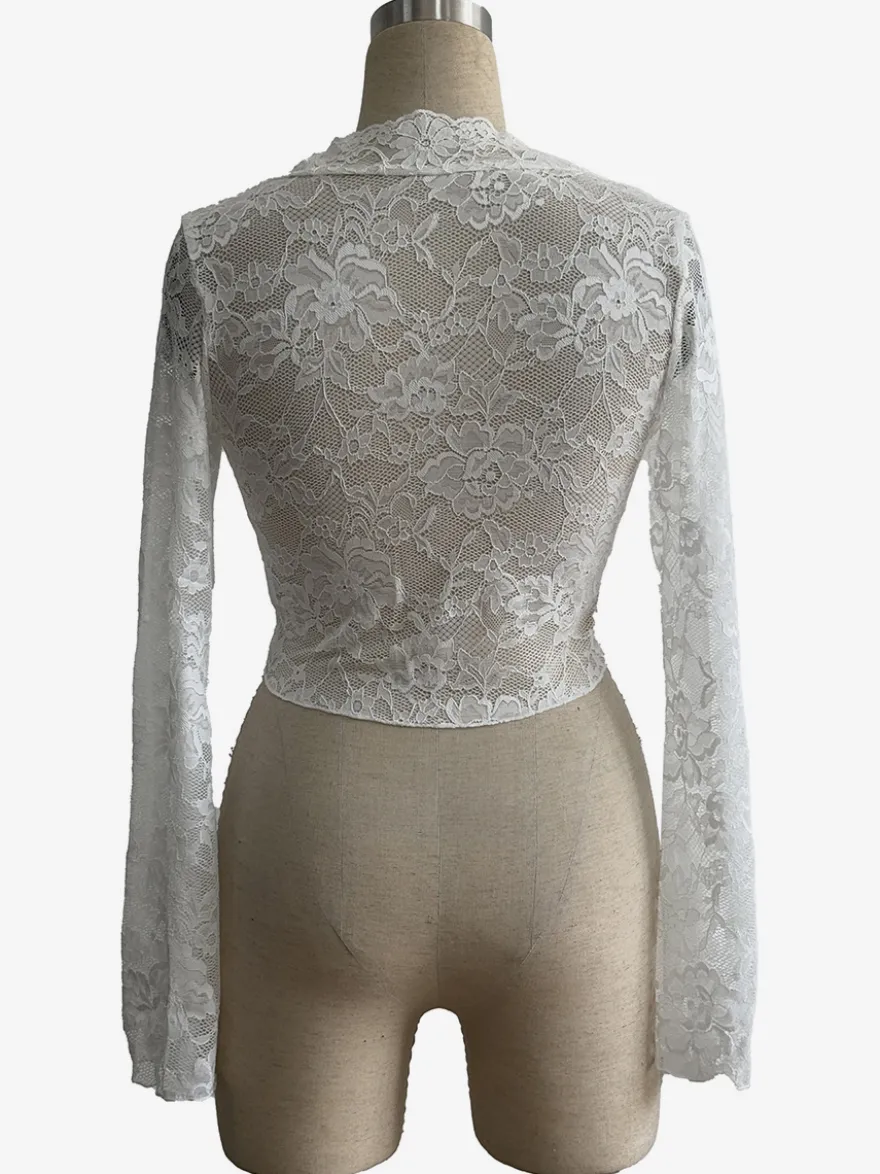 Crop top transparent en dentelle florale festonnée à col en V profond pour femme 2026