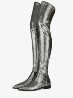Cuissardes Bottes d'hiver en cuir brillant à bout pointu argentées pour femmes