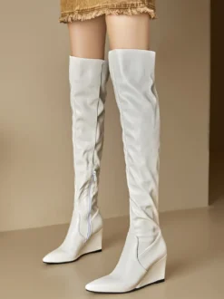 Cuissardes Bottes hautes blanches femme en cuir PU à talon compensé