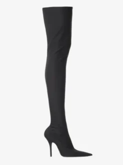 Cuissardes Bottes Hautes Élastiques Noires En Satin Femmes À Bout Pointu Talons Hauts