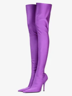 Cuissardes Bottes Hautes Élastiques Noires En Satin Femmes À Bout Pointu Talons Hauts