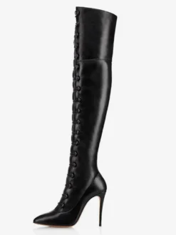 Cuissardes Bottes Noires Sexy Femme Bout Pointu Lacets Talon Aiguille