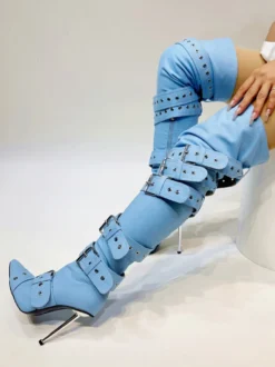 Cuissardes Boucle argentée au genou bottes hautes à bout pointu à talons hauts