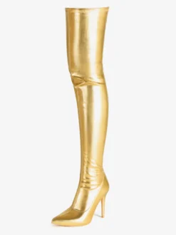 Cuissardes Dorées Pour Femmes Chaussures Bottes Élastiques À Bout Pointu Talon