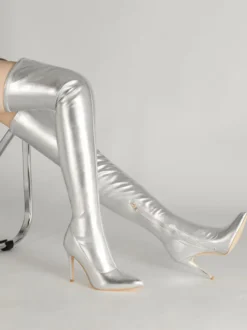 Cuissardes Dorées Pour Femmes Chaussures Bottes Élastiques À Bout Pointu Talon
