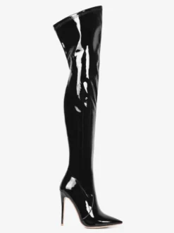 Cuissardes en cuir noir bout pointu talon aiguille cuissardes en cuir brillant