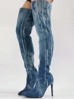 Cuissardes en jean bleues à bout pointu et à talons hauts rayés