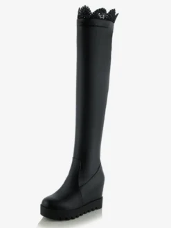 Cuissardes femme noir en PU semmelle compensée décoré en dentelle