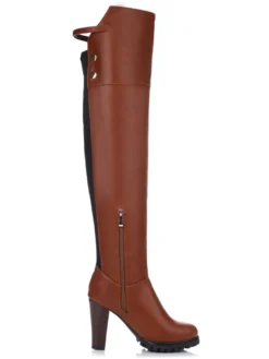 Cuissardes femmes couleur unie bout rond talon épais sur les bottes au genou