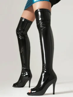 Cuissardes Femmes Rouges Sexy Bout Découpé Bottes Chaussures En Cuir PU Talon Aiguille