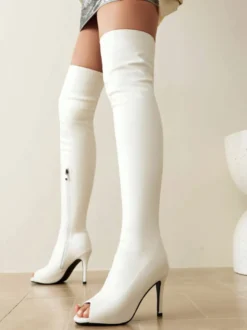 Cuissardes Femmes Rouges Sexy Bout Découpé Bottes Chaussures En Cuir PU Talon Aiguille