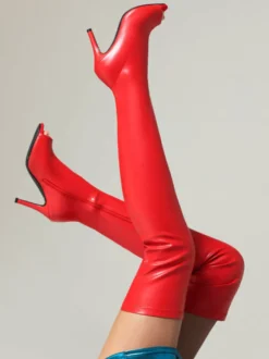 Cuissardes Femmes Rouges Sexy Bout Découpé Bottes Chaussures En Cuir PU Talon Aiguille