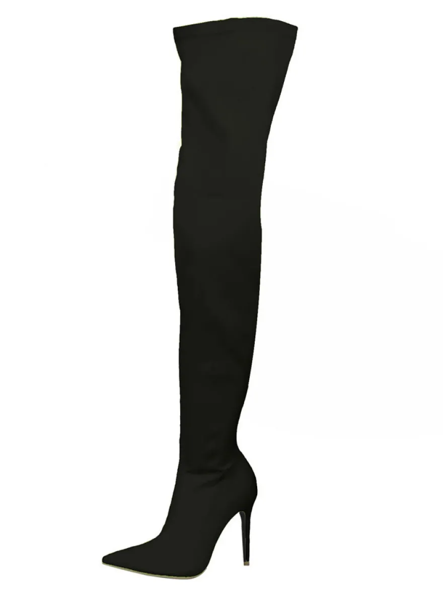 Cuissardes Femmes Tissu Élastique Bout Pointu Talon Aiguille Sur Les Bottes Au Genou