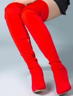 Cuissardes Femmes Tissu Élastique Bout Pointu Talon Aiguille Sur Les Bottes Au Genou