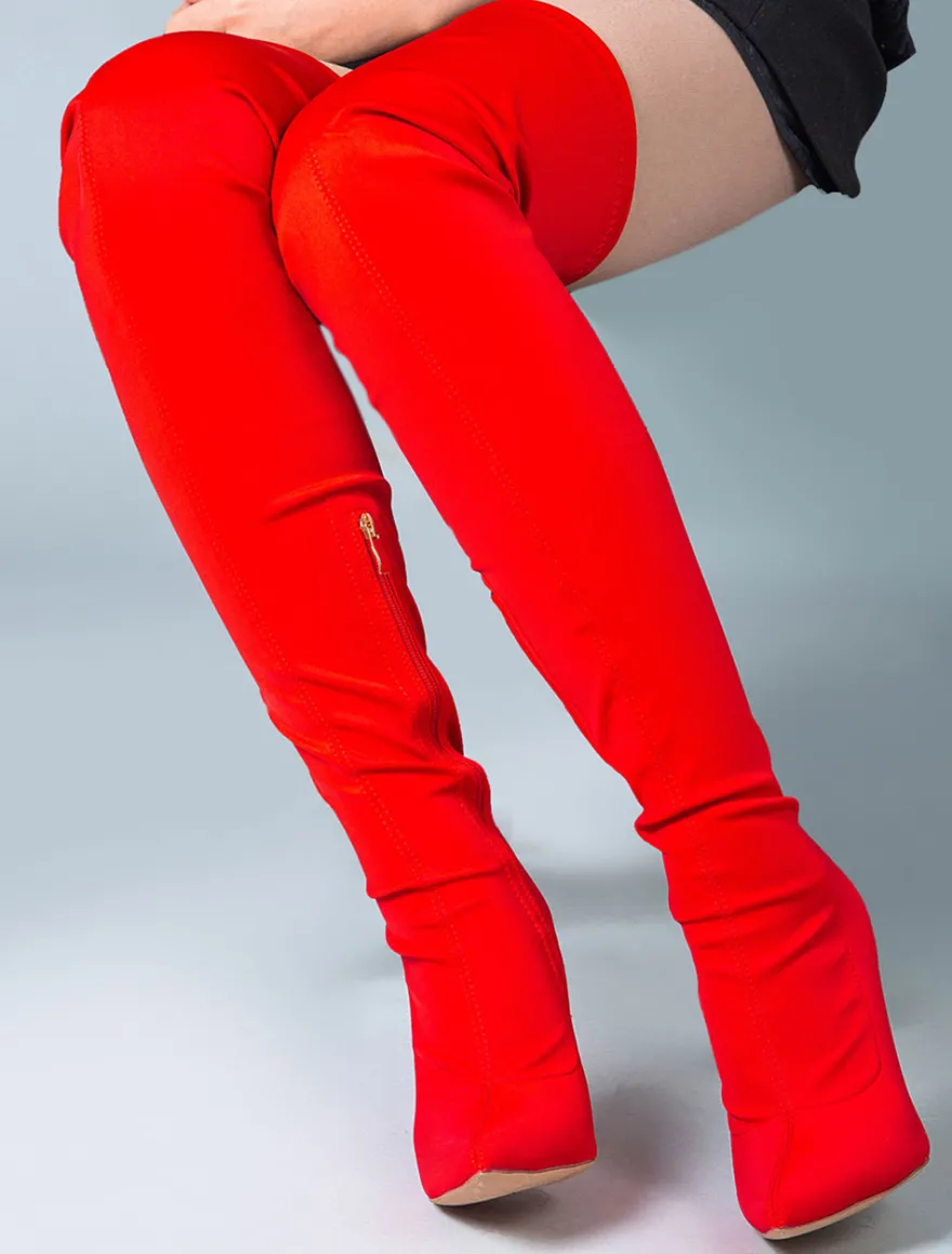 Cuissardes Femmes Tissu Élastique Bout Pointu Talon Aiguille Sur Les Bottes Au Genou