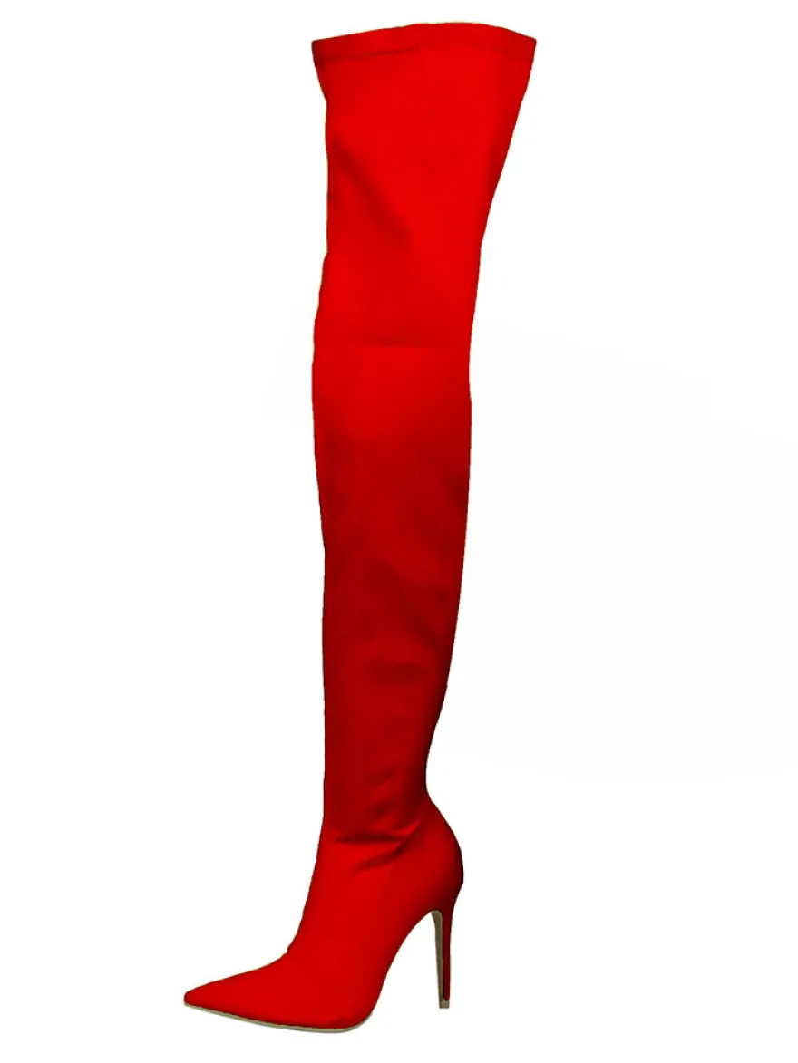 Cuissardes Femmes Tissu Élastique Bout Pointu Talon Aiguille Sur Les Bottes Au Genou