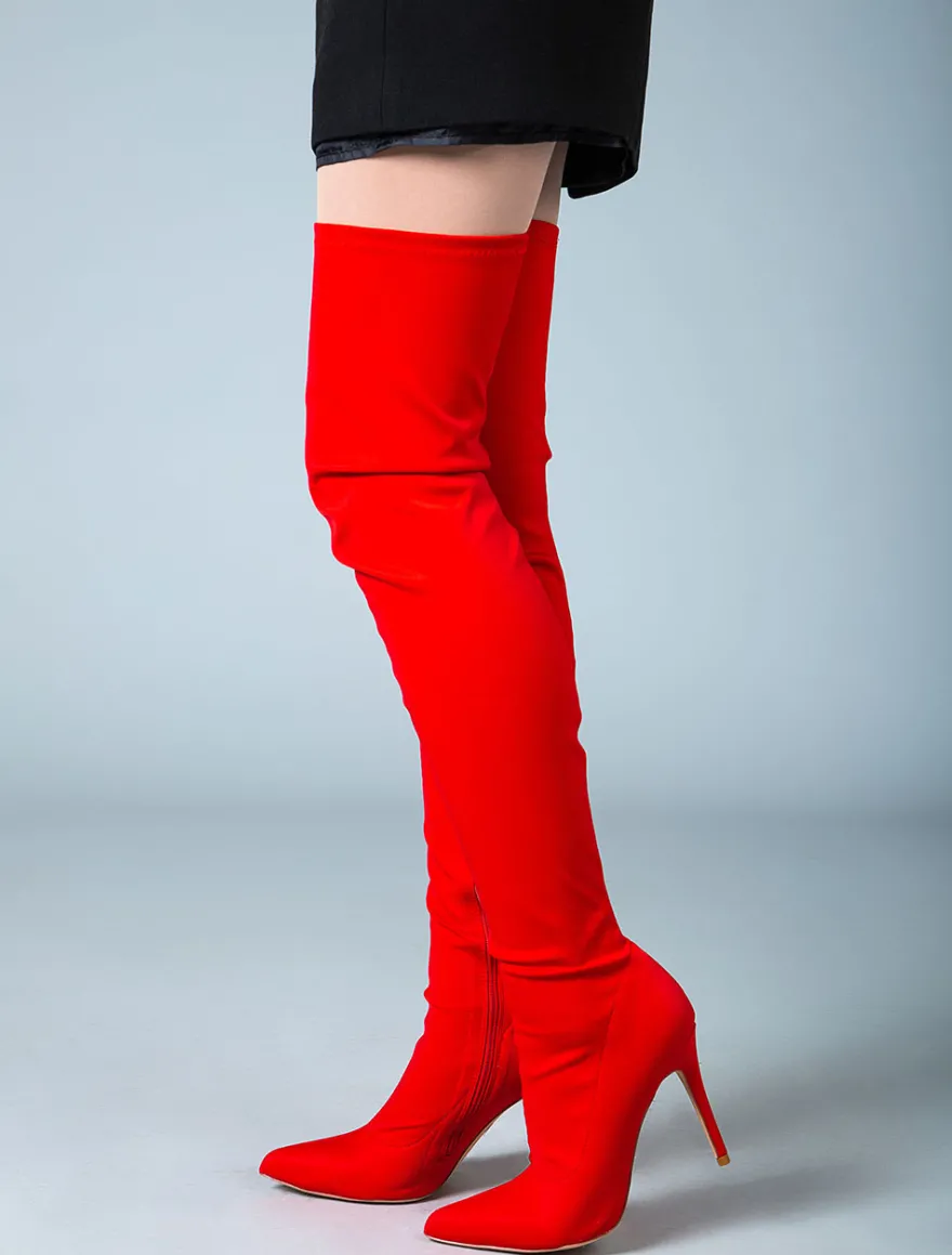 Cuissardes Femmes Tissu Élastique Bout Pointu Talon Aiguille Sur Les Bottes Au Genou