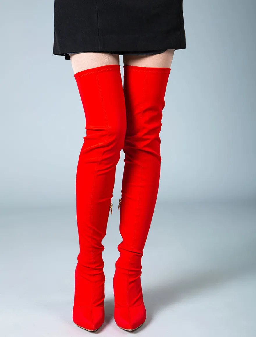 Cuissardes Femmes Tissu Élastique Bout Pointu Talon Aiguille Sur Les Bottes Au Genou