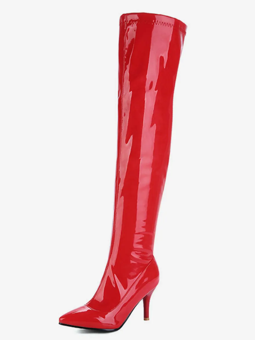 Cuissardes Femmes Vernis Bout Pointu Stiletto Cuir Brillant Talon Cuissardes