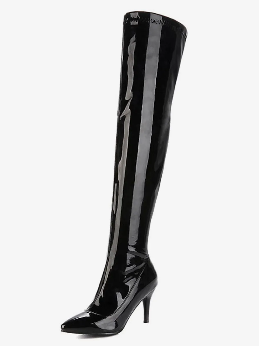 Cuissardes Femmes Vernis Bout Pointu Stiletto Cuir Brillant Talon Cuissardes
