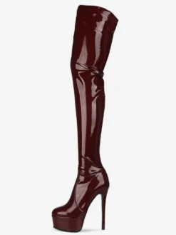 Cuissardes noir bout rond cuir brillant plate-forme bottes d'hiver femmes talon haut cuissardes