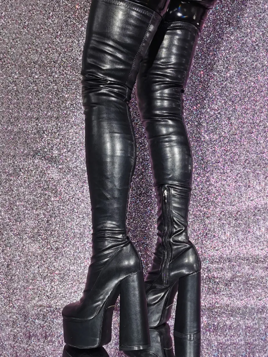 Cuissardes noires à bout rond et plateforme à talons hauts Cuissardes sexy