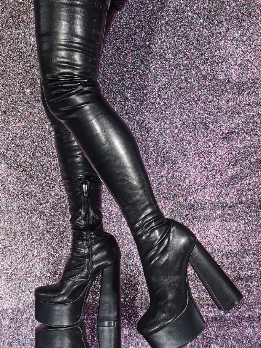 Cuissardes noires à bout rond et plateforme à talons hauts Cuissardes sexy