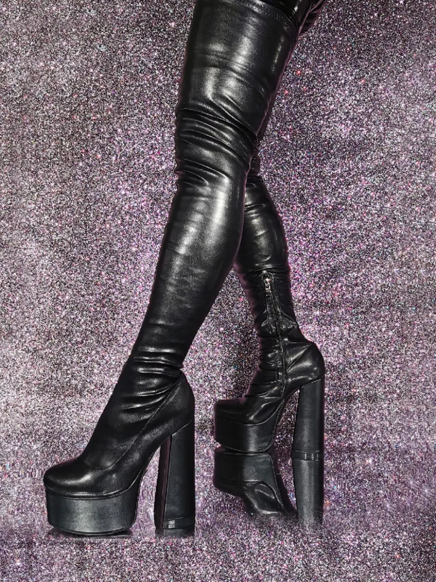 Cuissardes noires à bout rond et plateforme à talons hauts Cuissardes sexy