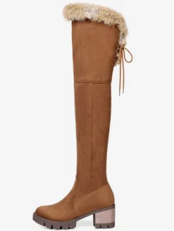 Cuissardes pour femme en micro daim fausse fourrure bout rond talon épais cuissardes