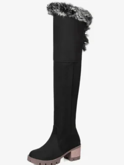 Cuissardes pour femme en micro daim fausse fourrure bout rond talon épais cuissardes