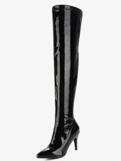 Cuissardes pour femmes Bottes en cuir verni à bout pointu Bottes à talon aiguille en cuir brillant