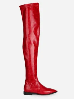 Cuissardes pour femmes Bottes en cuir PU à bout pointu et à talon plat rouge orange