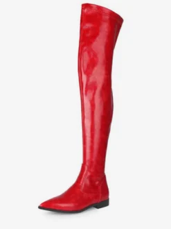 Cuissardes pour femmes Bottes en cuir PU à bout pointu et à talon plat rouge orange