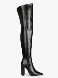 Cuissardes pour femmes Bottes à talons épais en cuir PU à bout pointu noir