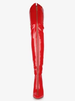 Cuissardes rouges à bout pointu zippées en cuir brillant à talons hauts cuissardes