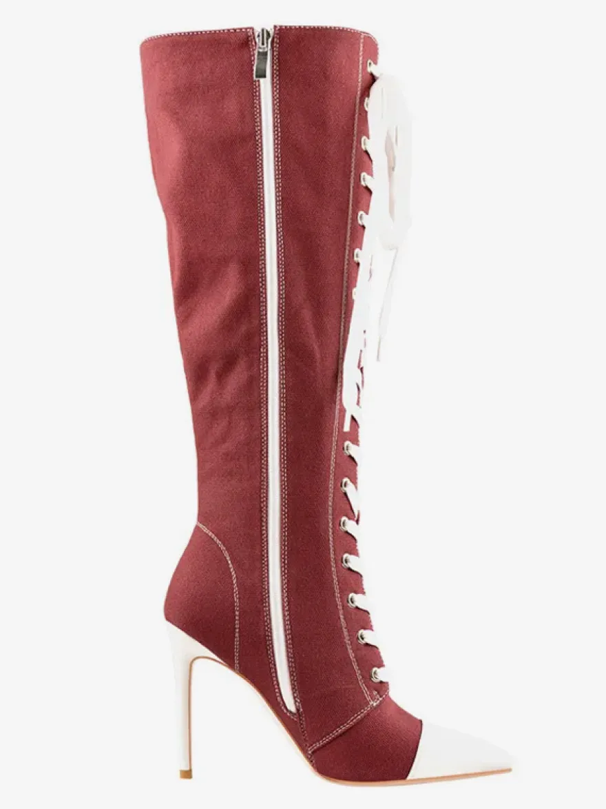 Cuissardes Style Sport De Grande Taille À Lacets À Bout Pointu Bottes À Talons Hauts