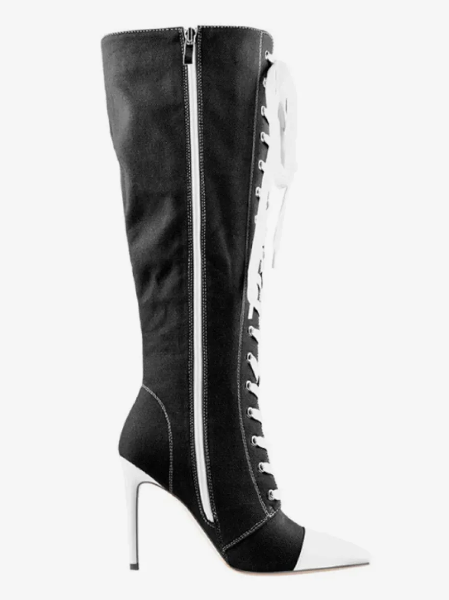 Cuissardes Style Sport De Grande Taille À Lacets À Bout Pointu Bottes À Talons Hauts