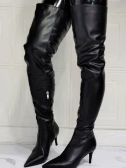 Cuissardes à Talons Hauts Femme avec Bout Pointu à Zip en Cuir Synthétique Unicolore
