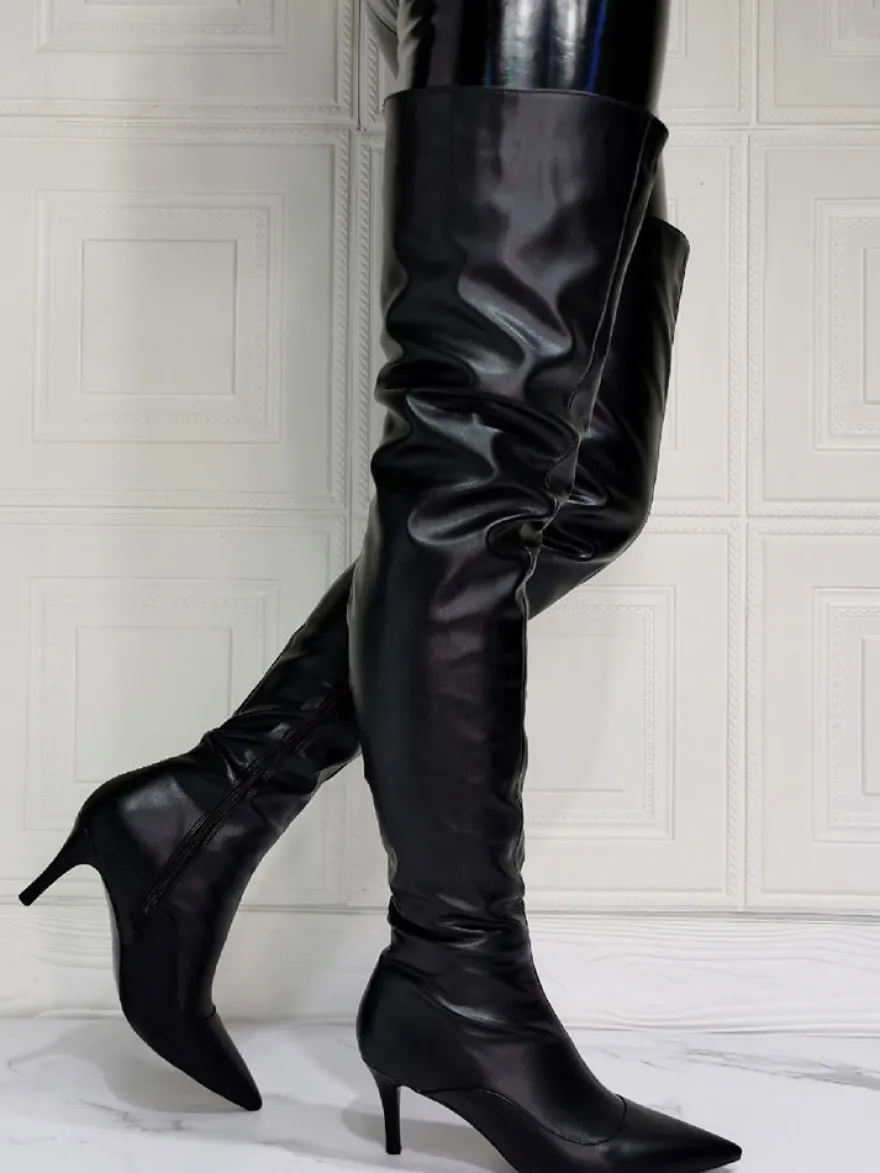 Cuissardes à Talons Hauts Femme avec Bout Pointu à Zip en Cuir Synthétique Unicolore