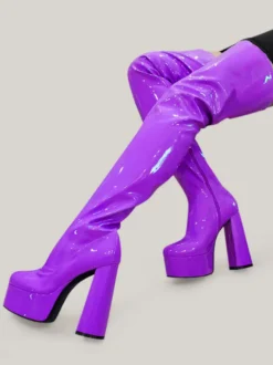 Cuissardes violettes sexy à plateforme et talon bloc au dessus du genou