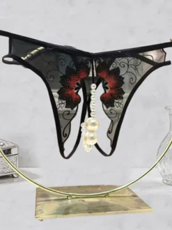 Culotte string en dentelle noire transparente avec perles et perles lingerie féminine
