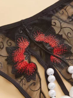 Culotte string en dentelle noire transparente avec perles et perles lingerie féminine
