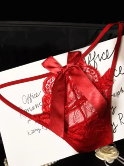 Culotte string en dentelle transparente à gros nœud et fines bretelles latérales