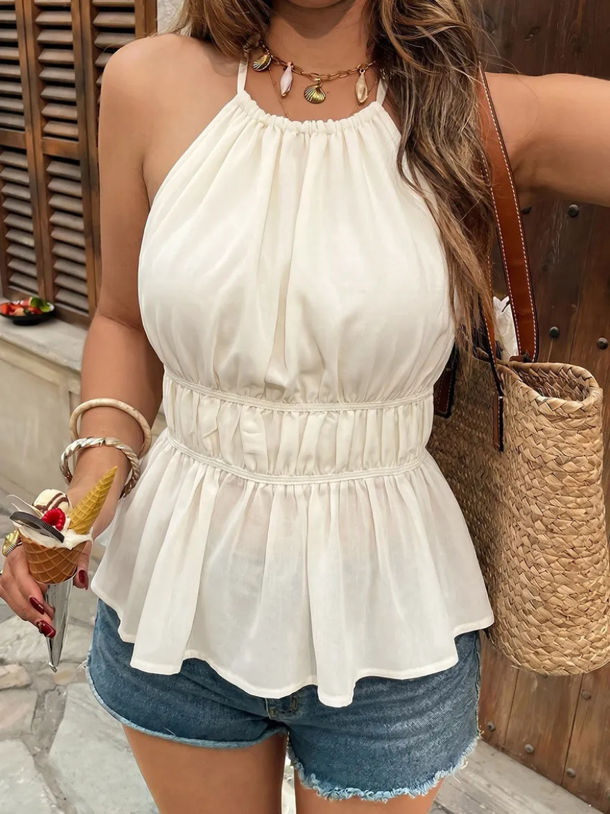 Débardeur abricot clair à col rond et dos nu lacé sexy pour femme
