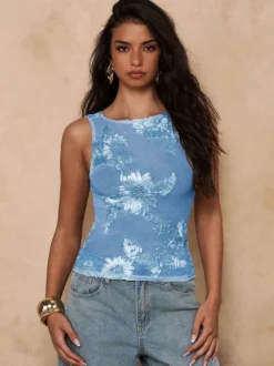 Débardeur abricot à épaules dénudées en tulle brodé style décontracté pour femme