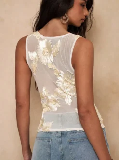 Débardeur abricot à épaules dénudées en tulle brodé style décontracté pour femme