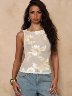 Débardeur abricot à épaules dénudées en tulle brodé style décontracté pour femme