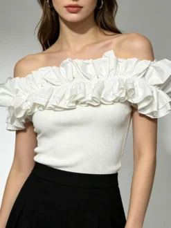 Débardeur blanc à épaules dénudées plissé et à volants chic pour femmes