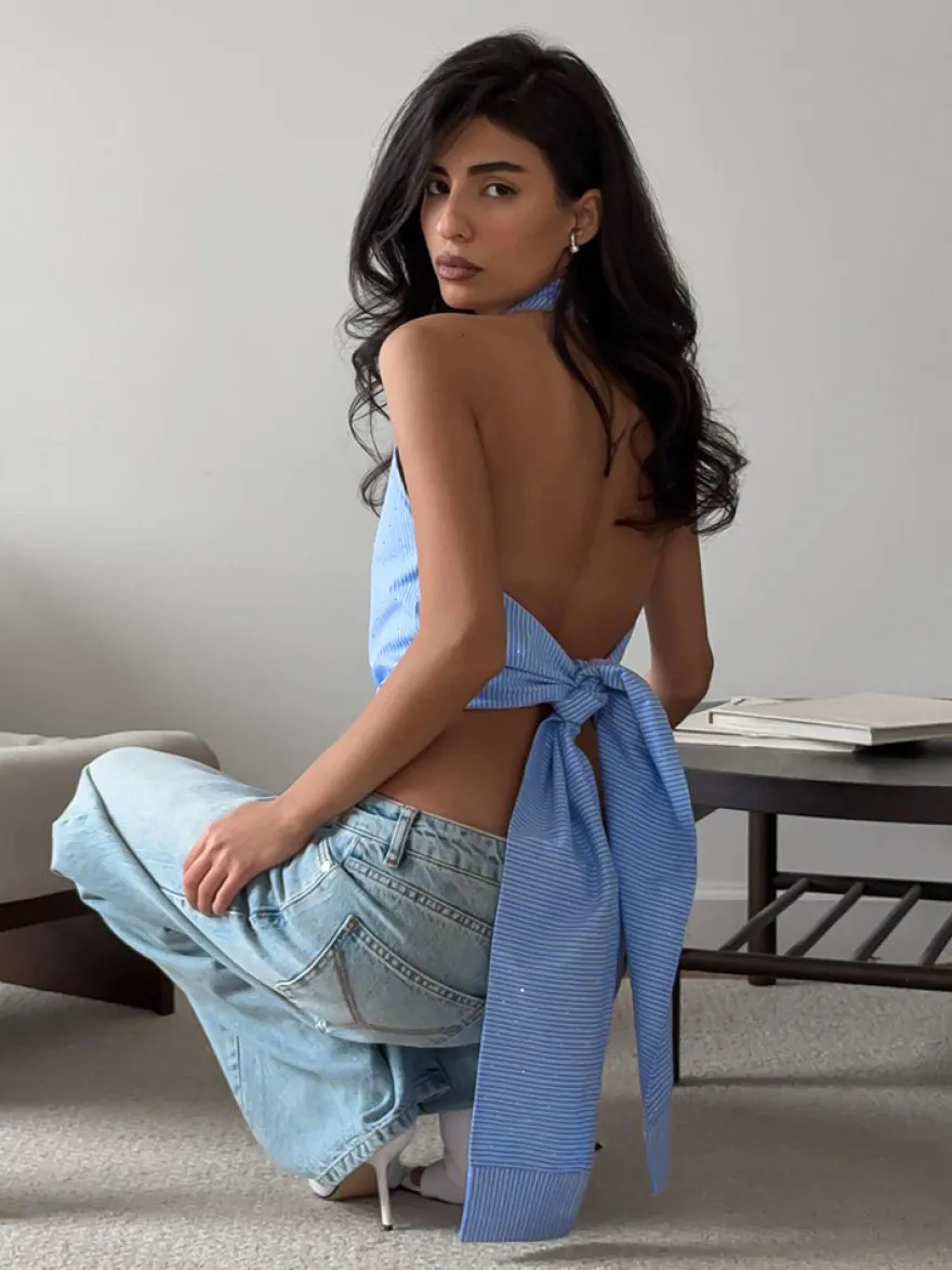 Débardeur bleu dos nu à strass et lacets sexy en coton pour femme